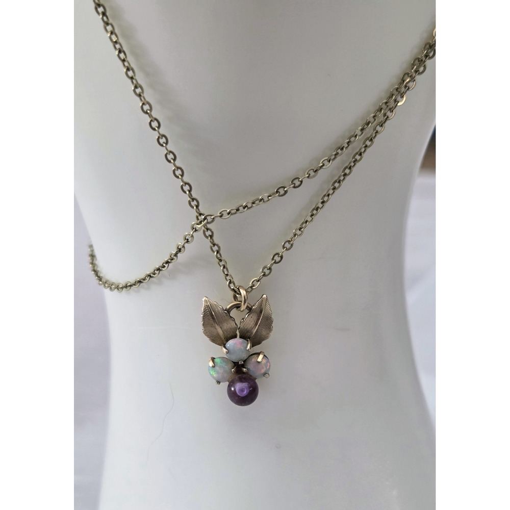 Vintage Krementz Opal and Amethyst Gemstone Pendant Necklace 17"